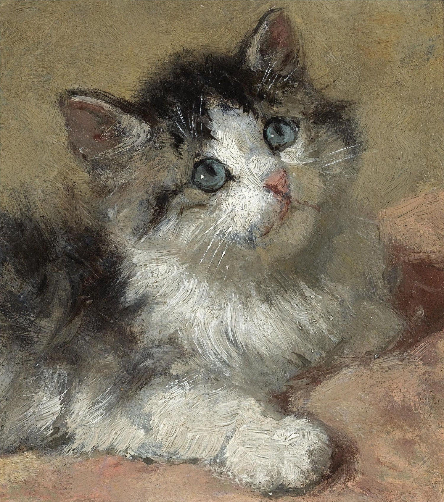 Animals Oil Painting - Blue - Eyed Gray and White Kitten Portrait - Oil Painting Haven