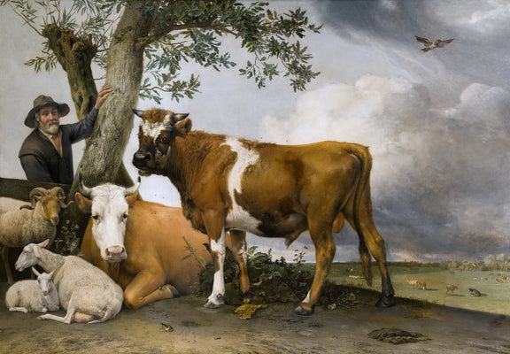 Animals Oil Painting - Bull, Cow and Sheep in Dutch Pasture Scene - Oil Painting Haven