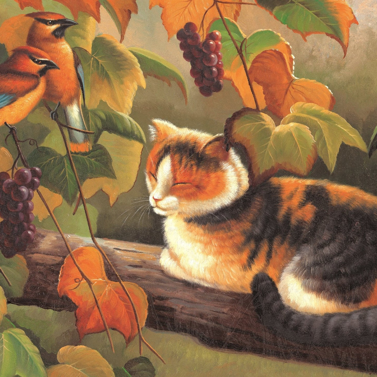 Animals Oil Painting - Calico Cat with Birds and Autumn Grapes - Oil Painting Haven