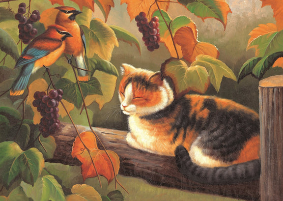 Animals Oil Painting - Calico Cat with Birds and Autumn Grapes - Oil Painting Haven