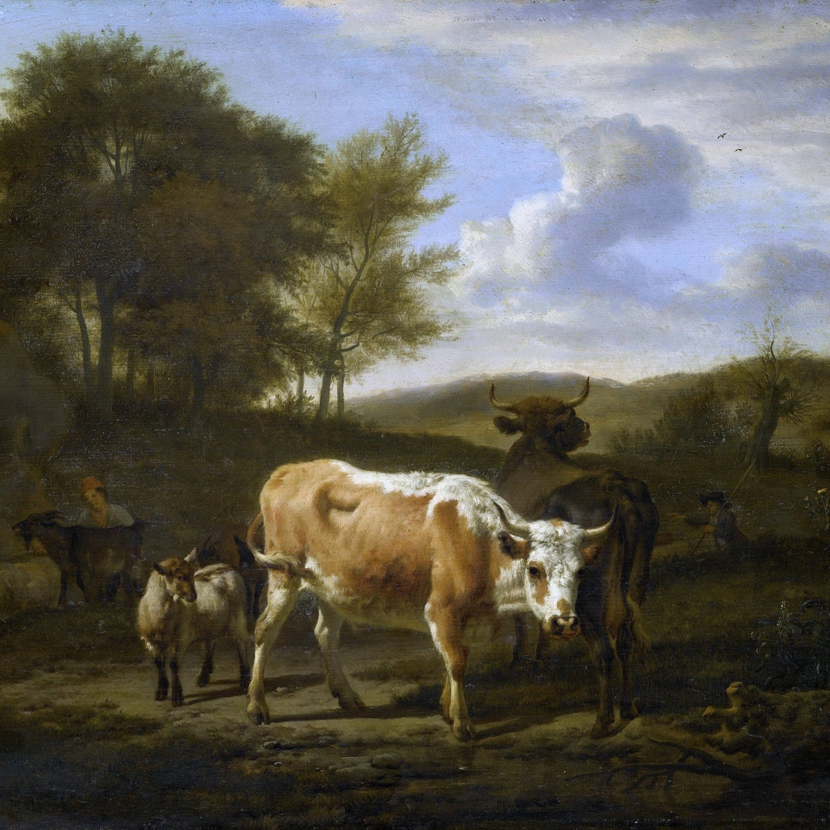 Animals Oil Painting - Cattle and Goats in Woodland Pasture - Oil Painting Haven