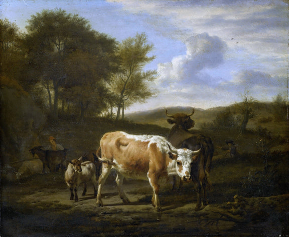 Animals Oil Painting - Cattle and Goats in Woodland Pasture - Oil Painting Haven
