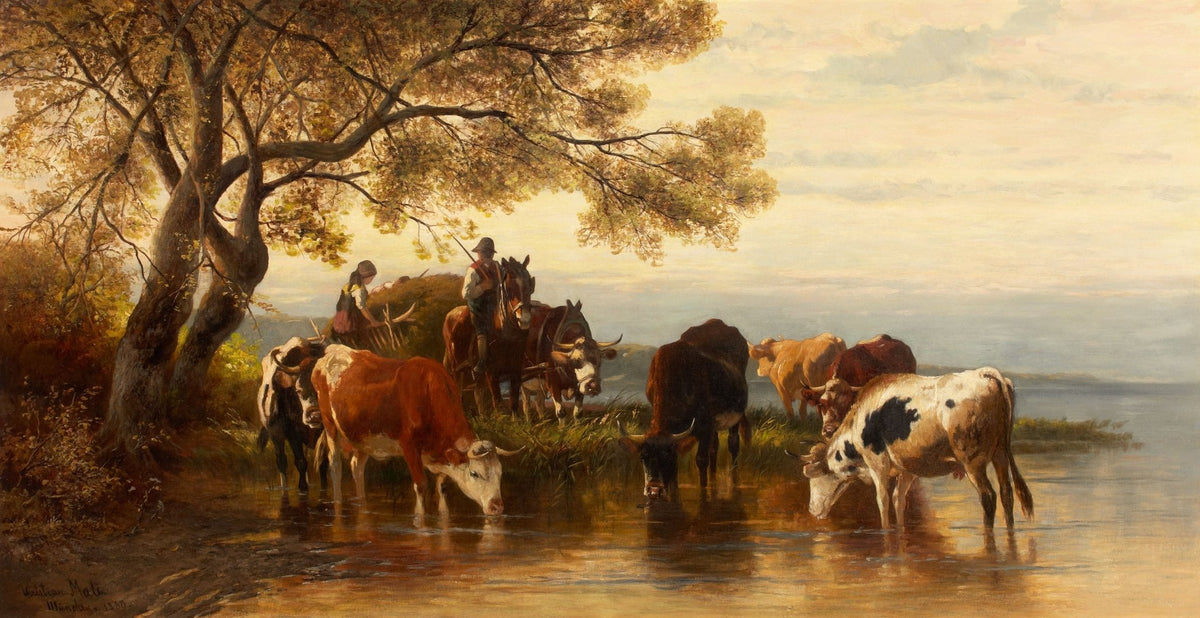 Animals Oil Painting - Cattle at the Water with Herders at Sunset - Oil Painting Haven