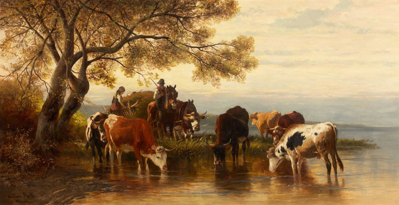 Animals Oil Painting - Cattle at the Water with Herders at Sunset - Oil Painting Haven