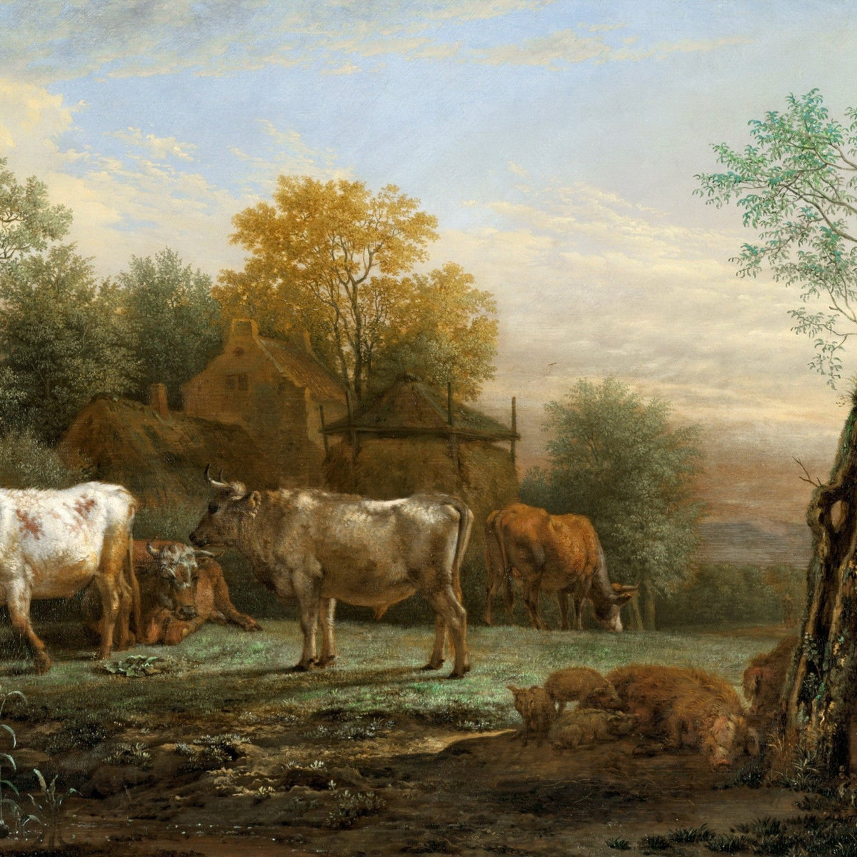 Animals Oil Painting - Cattle in Meadow beside Farmhouse at Dusk - Oil Painting Haven