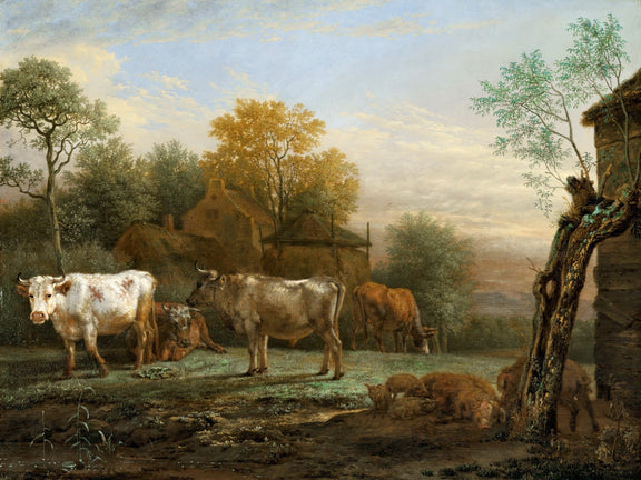 Animals Oil Painting - Cattle in Meadow beside Farmhouse at Dusk - Oil Painting Haven