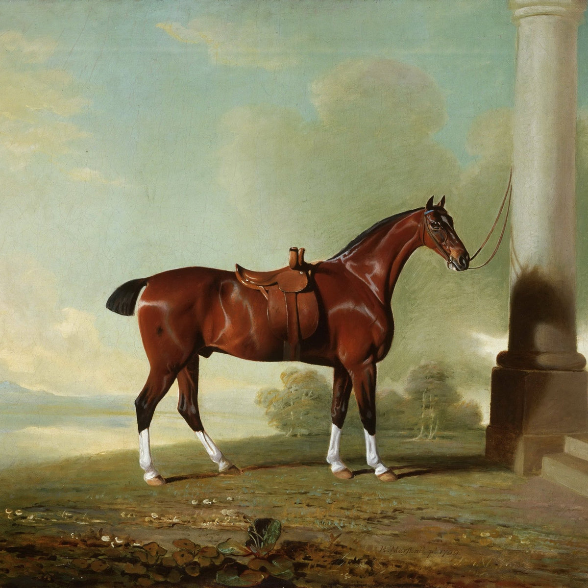 Animals Oil Painting - Chestnut Horse with Saddle by Column - Oil Painting Haven