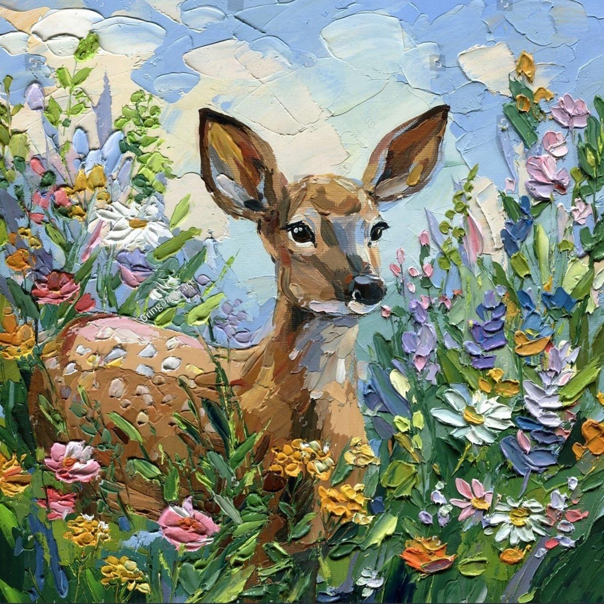 Animals Oil Painting - Fawn in a Wildflower Meadow - Oil Painting Haven