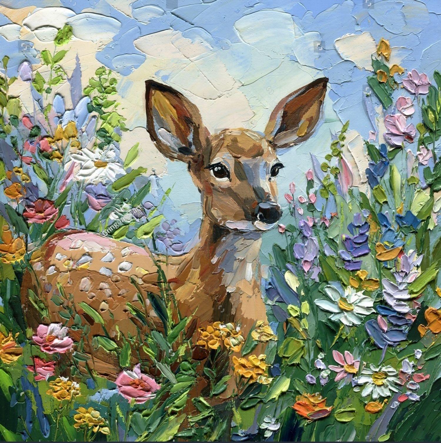 Animals Oil Painting - Fawn in a Wildflower Meadow - Oil Painting Haven