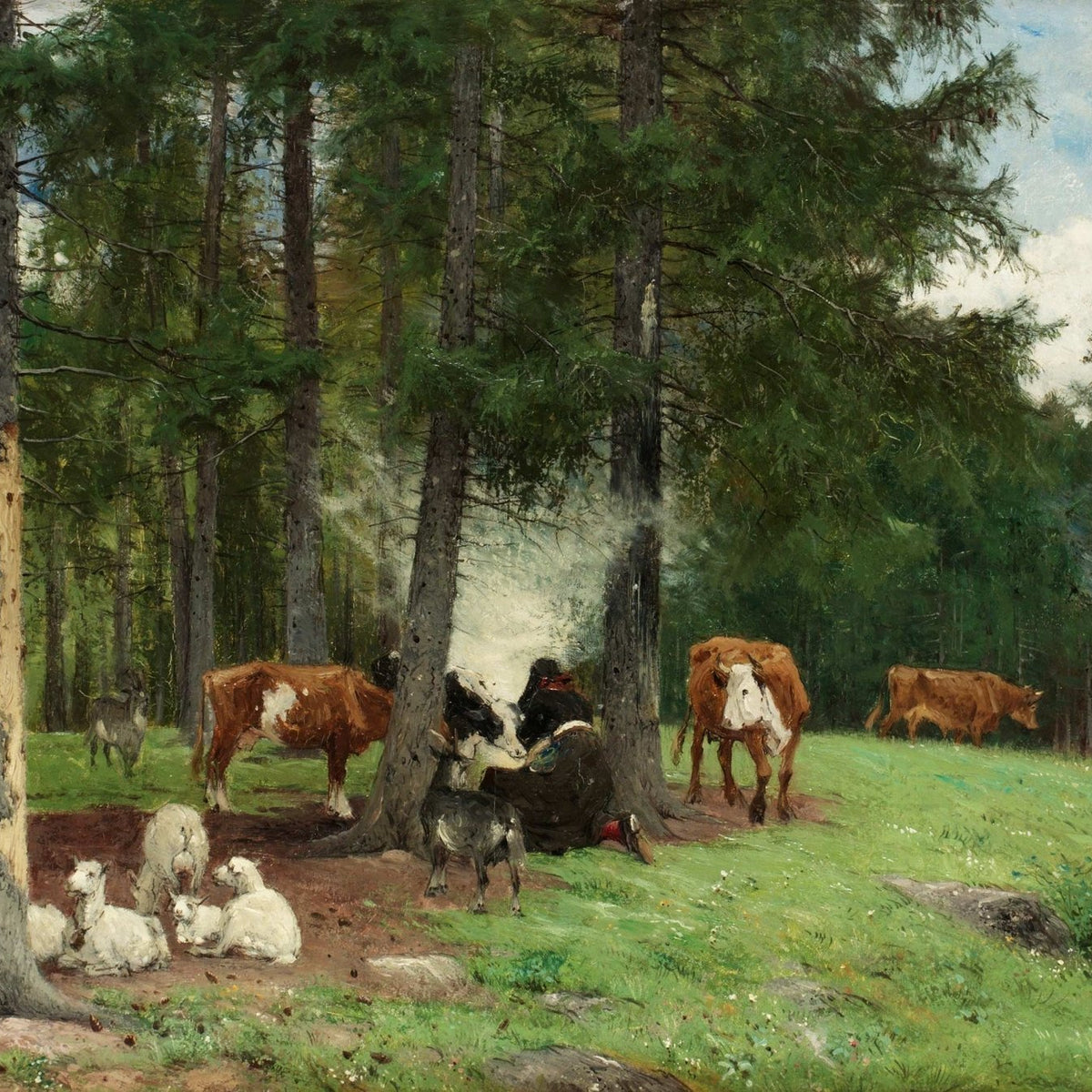 Animals Oil Painting - Forest Herd with Cows, Goats and Sheep - Oil Painting Haven