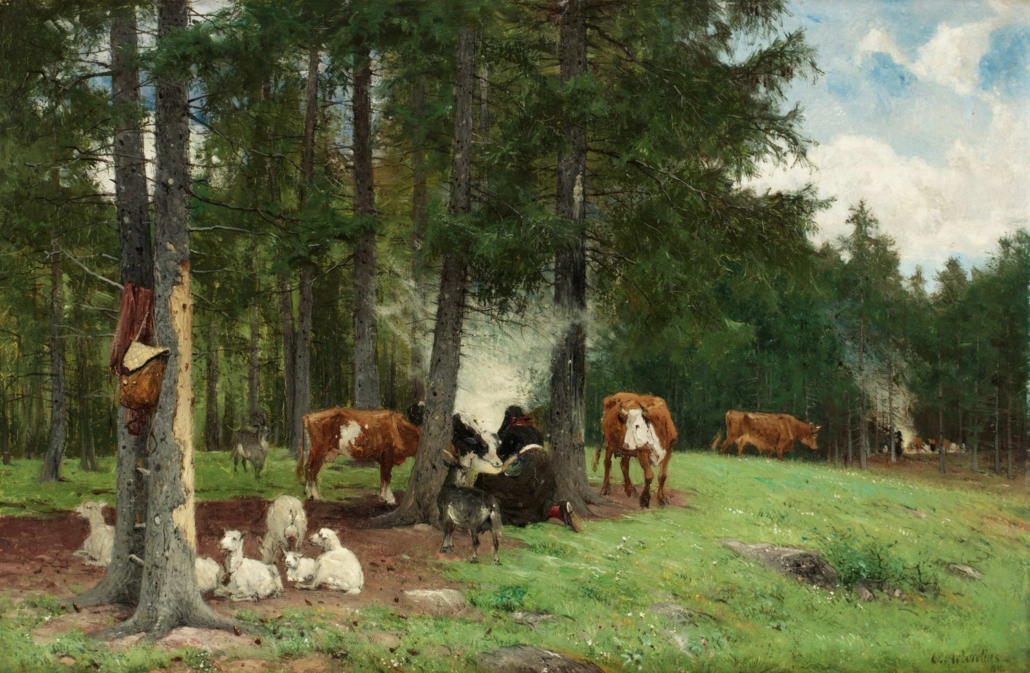 Animals Oil Painting - Forest Herd with Cows, Goats and Sheep - Oil Painting Haven