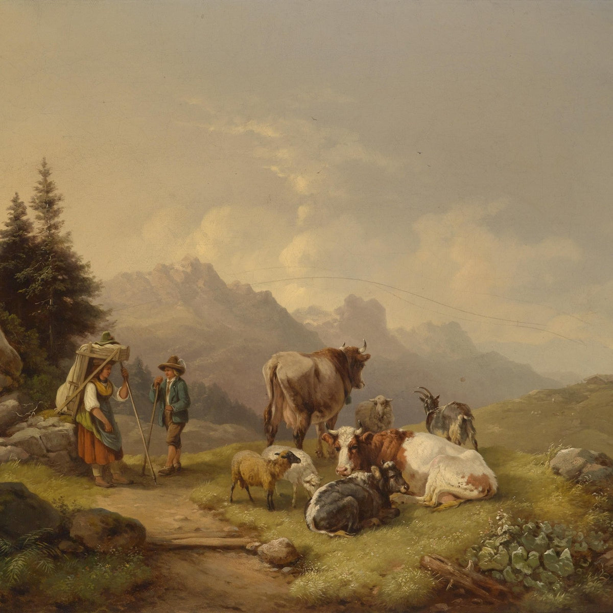 animals Oil Painting - Hand - Painted Alpine Herd Scene - Oil Painting Haven