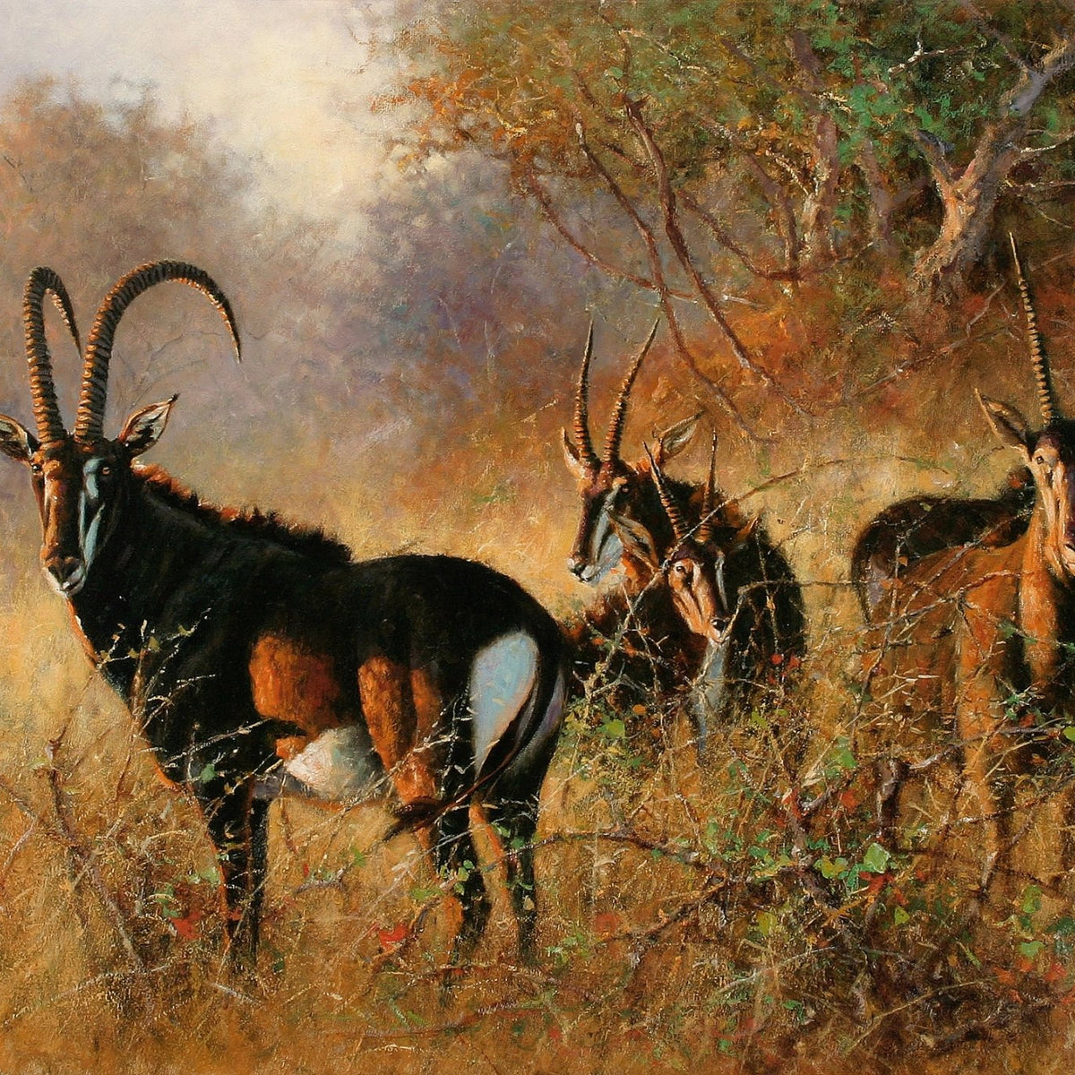 Animals Oil Painting - Hand - Painted Antelope Herd in Grass - Oil Painting Haven