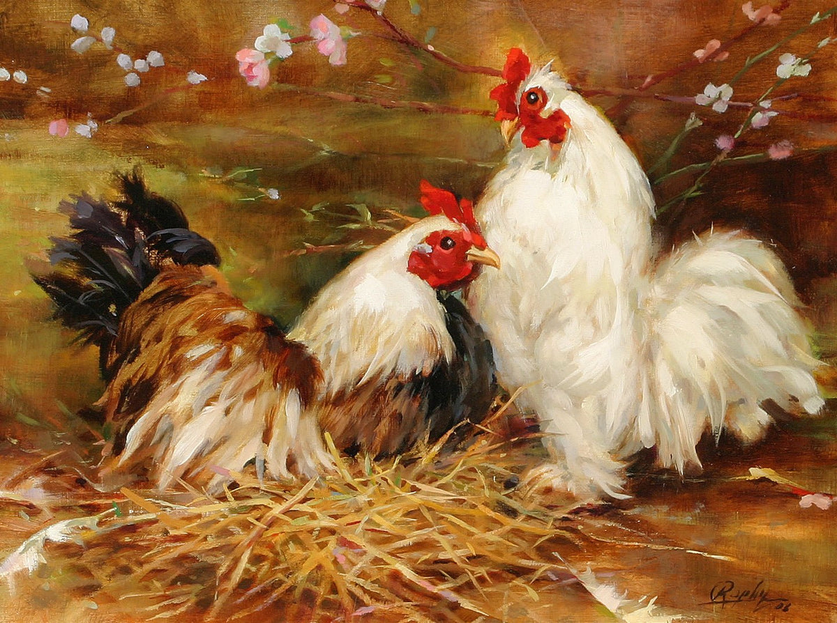 Animals Oil Painting - Hand - Painted Bantam Chicken Pair - Oil Painting Haven