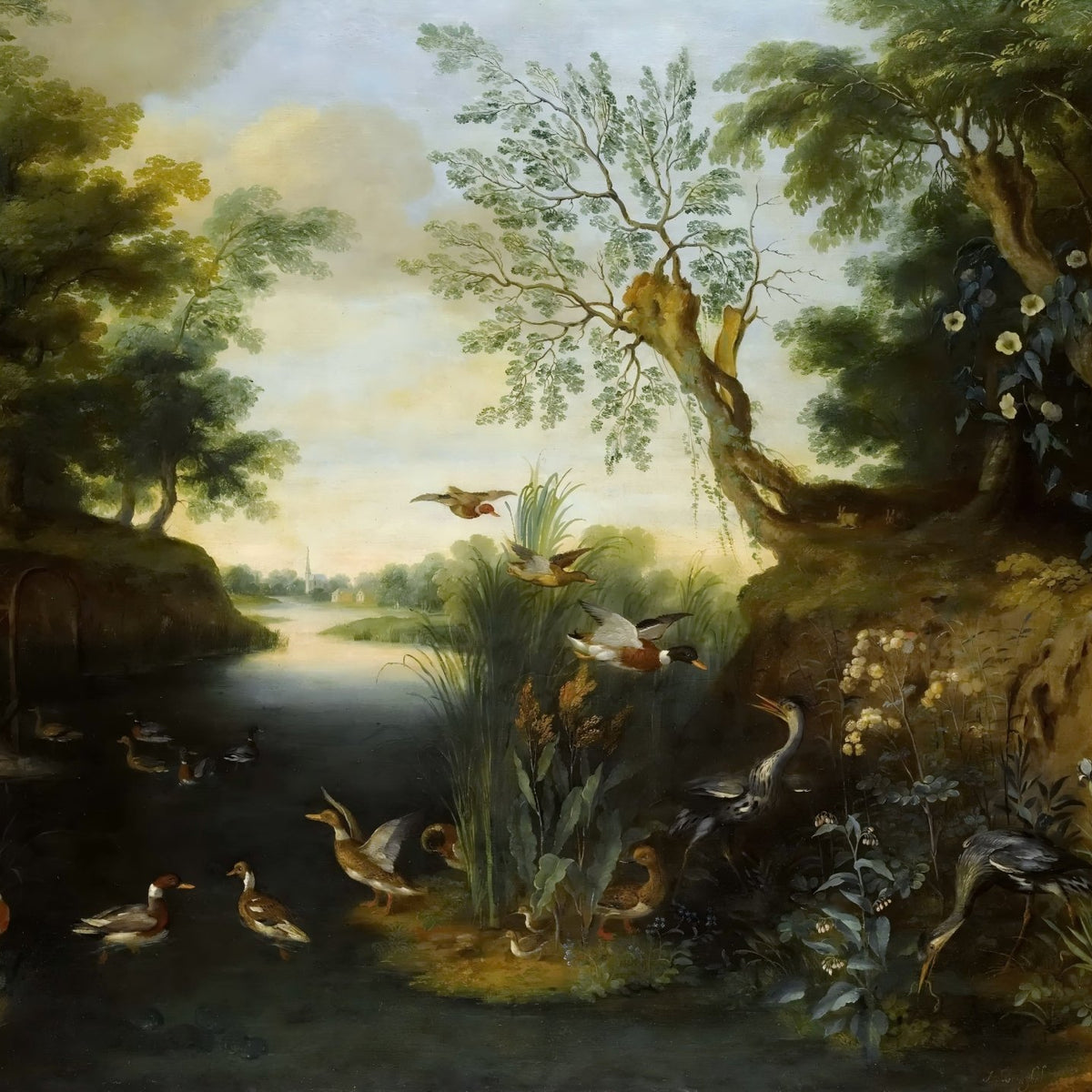 animals Oil Painting - Hand - Painted Birds by the River - Oil Painting Haven
