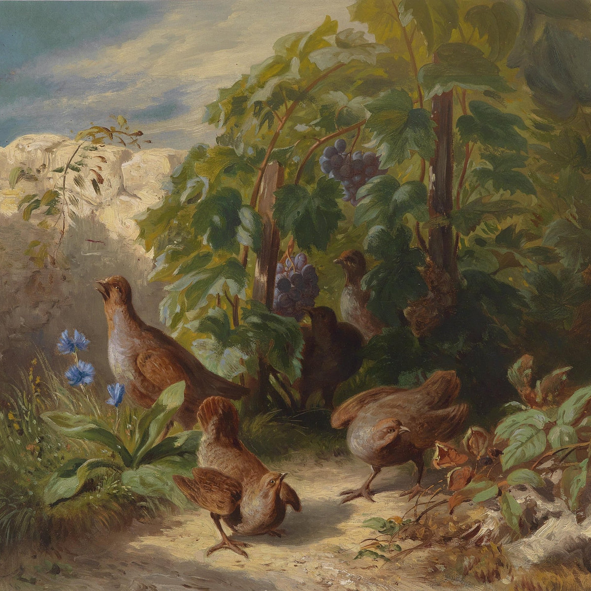 animals Oil Painting - Hand - Painted Birds in Garden Scene - Oil Painting Haven