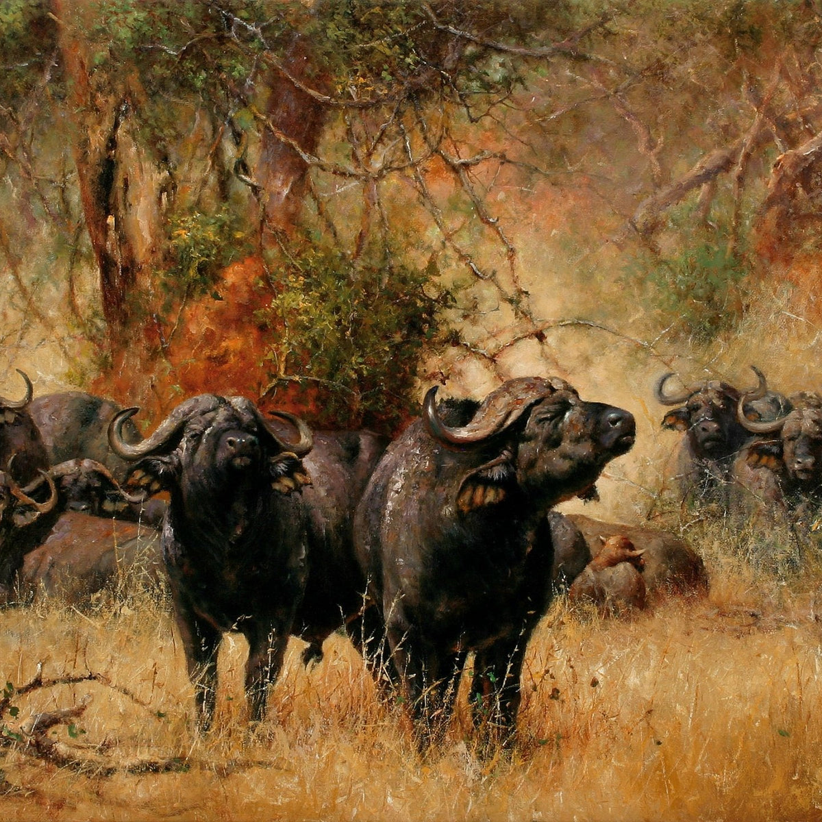 Animals Oil Painting - Hand - Painted Buffalo Herd in Grass - Oil Painting Haven