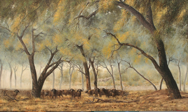 Animals Oil Painting - Hand - Painted Buffalo Herd in Woodland - Oil Painting Haven
