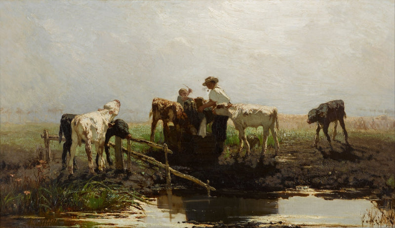 Animals Oil Painting - Hand - Painted Calves at the Trough - Oil Painting Haven