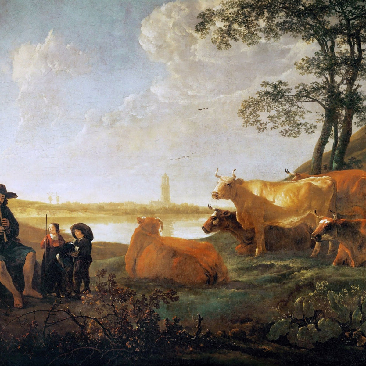 animals Oil Painting - Hand - Painted Cattle and Figures Scene - Oil Painting Haven