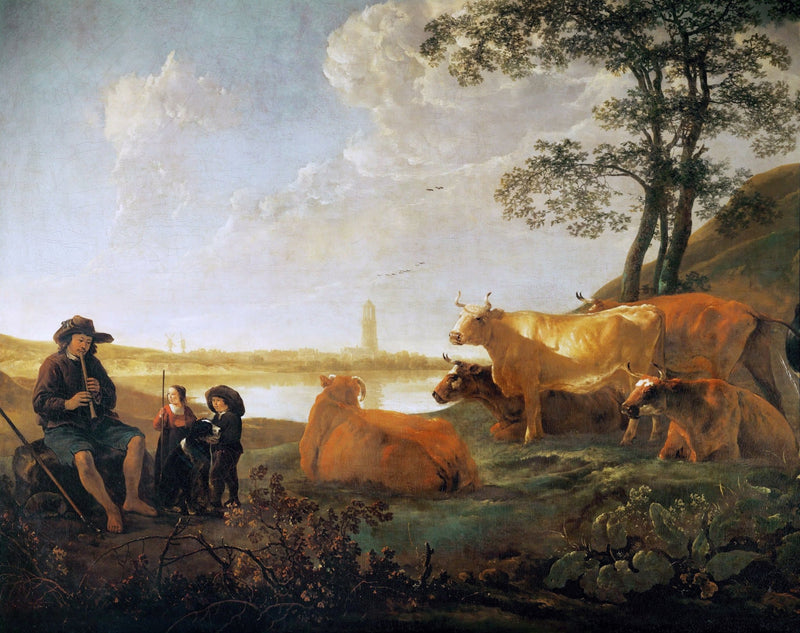 animals Oil Painting - Hand - Painted Cattle and Figures Scene - Oil Painting Haven