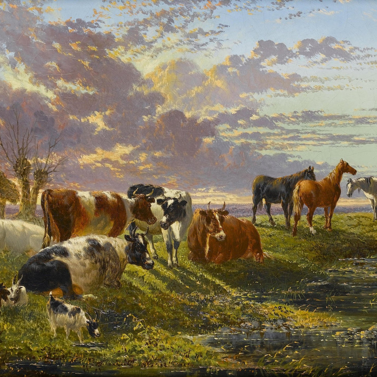 animals Oil Painting - Hand - Painted Cattle and Horses at Sunset - Oil Painting Haven