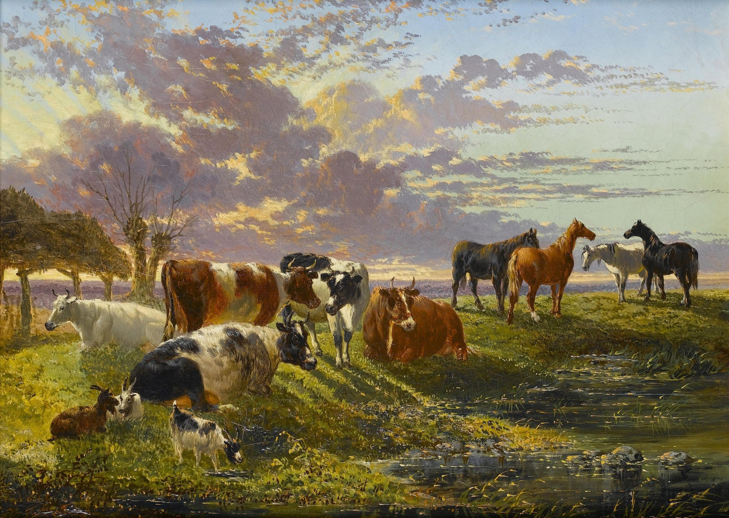 animals Oil Painting - Hand - Painted Cattle and Horses at Sunset - Oil Painting Haven