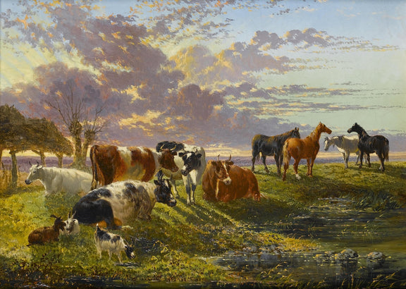 animals Oil Painting - Hand - Painted Cattle and Horses at Sunset - Oil Painting Haven