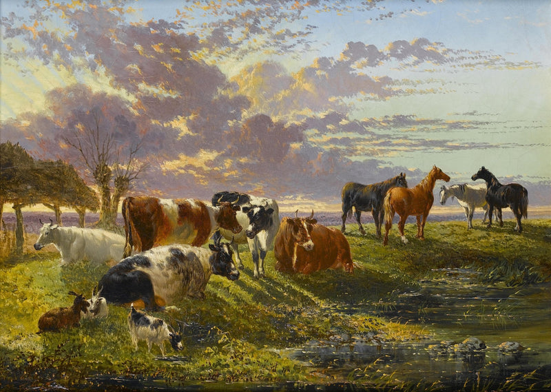 animals Oil Painting - Hand - Painted Cattle and Horses at Sunset - Oil Painting Haven
