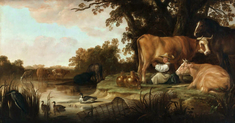 animals Oil Painting - Hand - Painted Cattle and Milkmaid - Oil Painting Haven