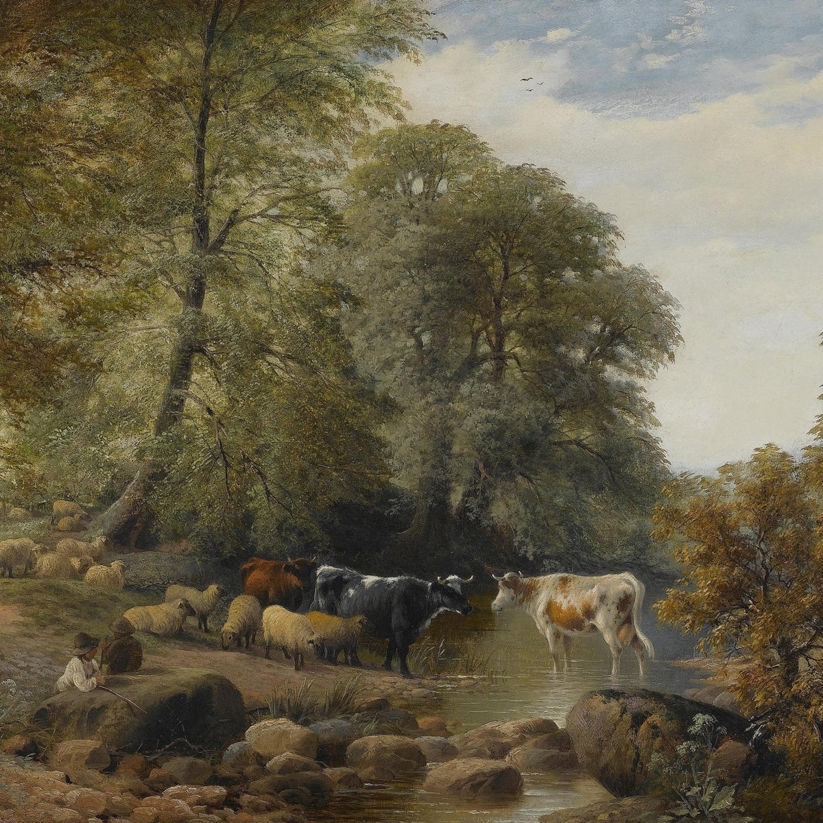 Animals Oil Painting - Hand - Painted Cattle and Sheep by Stream - Oil Painting Haven