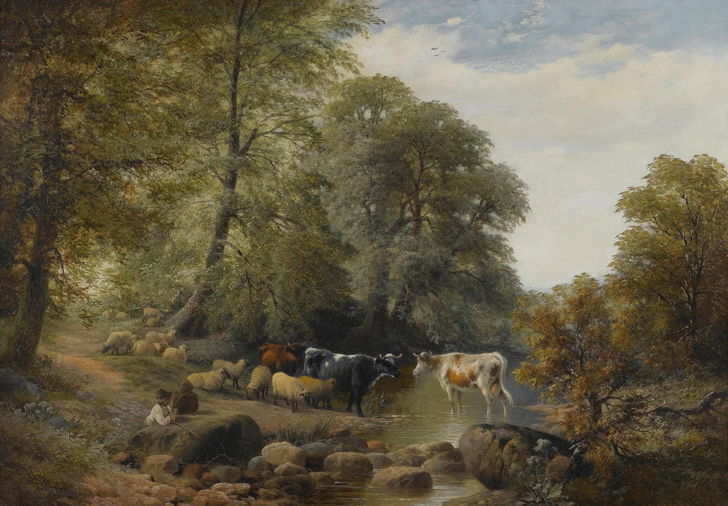 Animals Oil Painting - Hand - Painted Cattle and Sheep by Stream - Oil Painting Haven