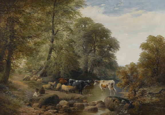 Animals Oil Painting - Hand - Painted Cattle and Sheep by Stream - Oil Painting Haven