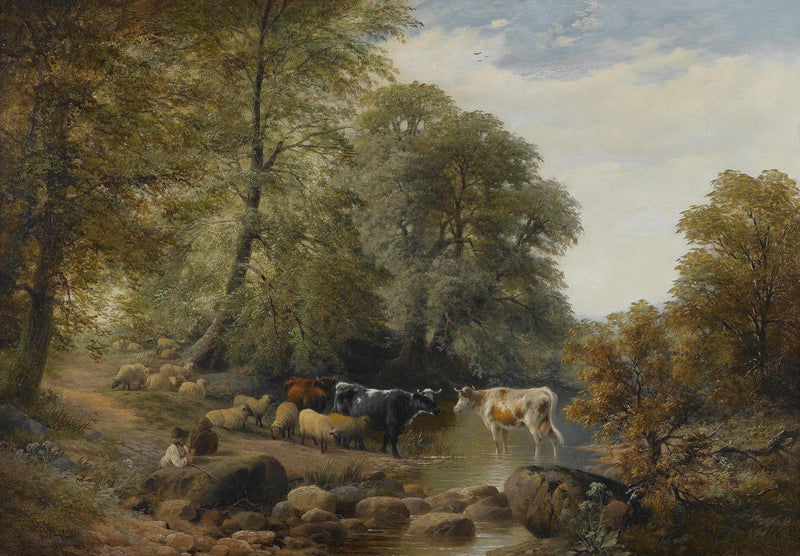 Animals Oil Painting - Hand - Painted Cattle and Sheep by Stream - Oil Painting Haven