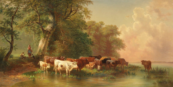 Animals Oil Painting - Hand - Painted Cattle at Waterside Pasture - Oil Painting Haven