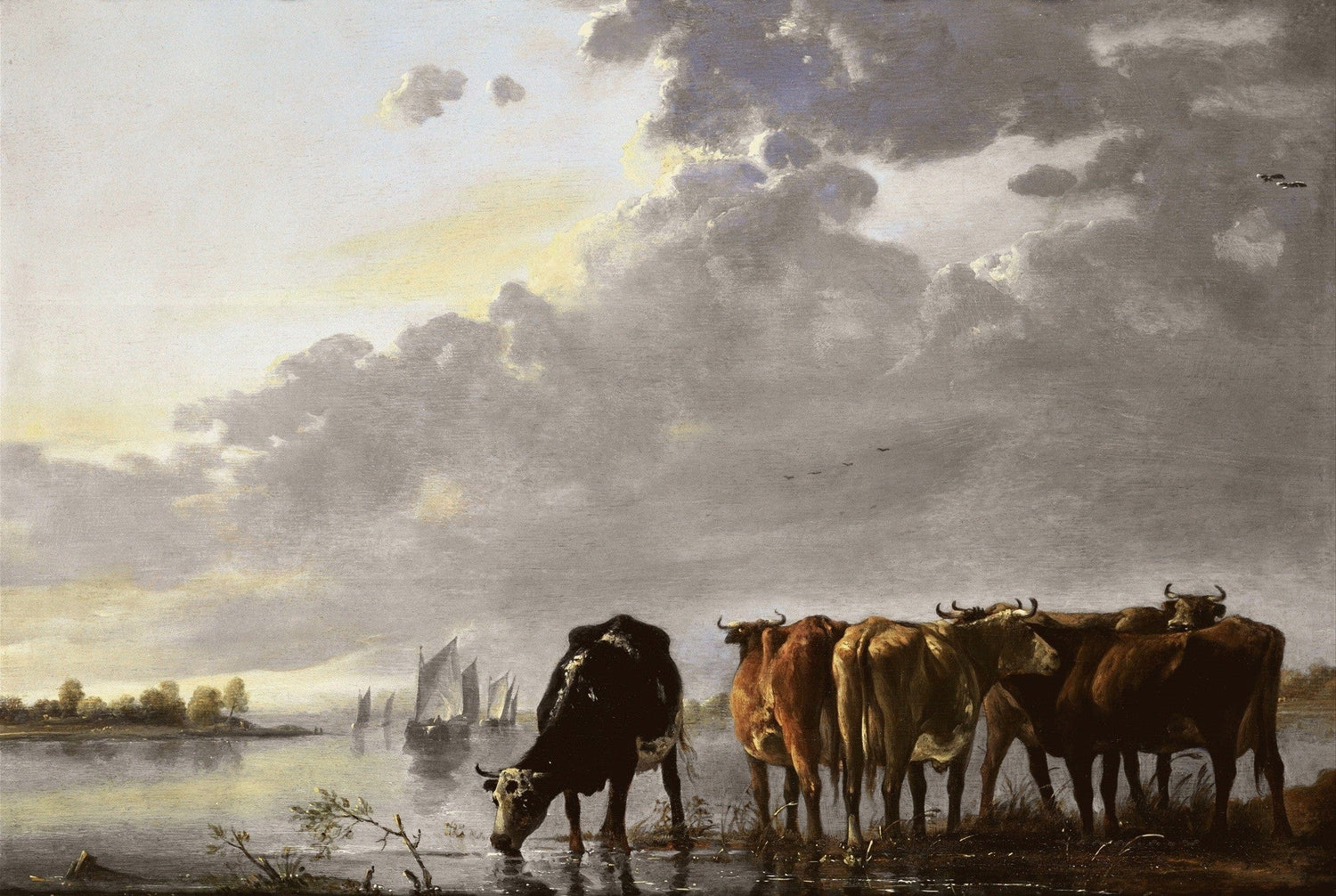 animals Oil Painting - Hand - Painted Cattle by Calm Water - Oil Painting Haven
