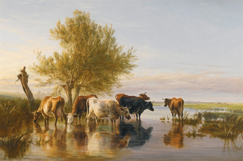animals Oil Painting - Hand - Painted Cattle by Still Water - Oil Painting Haven