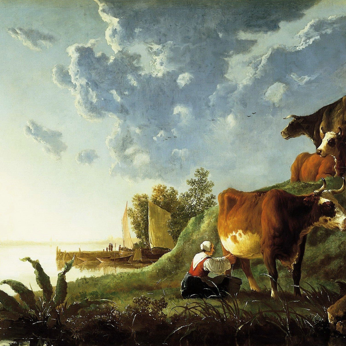 animals Oil Painting - Hand - Painted Cattle by the Riverbank - Oil Painting Haven
