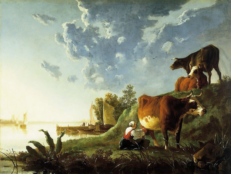 animals Oil Painting - Hand - Painted Cattle by the Riverbank - Oil Painting Haven