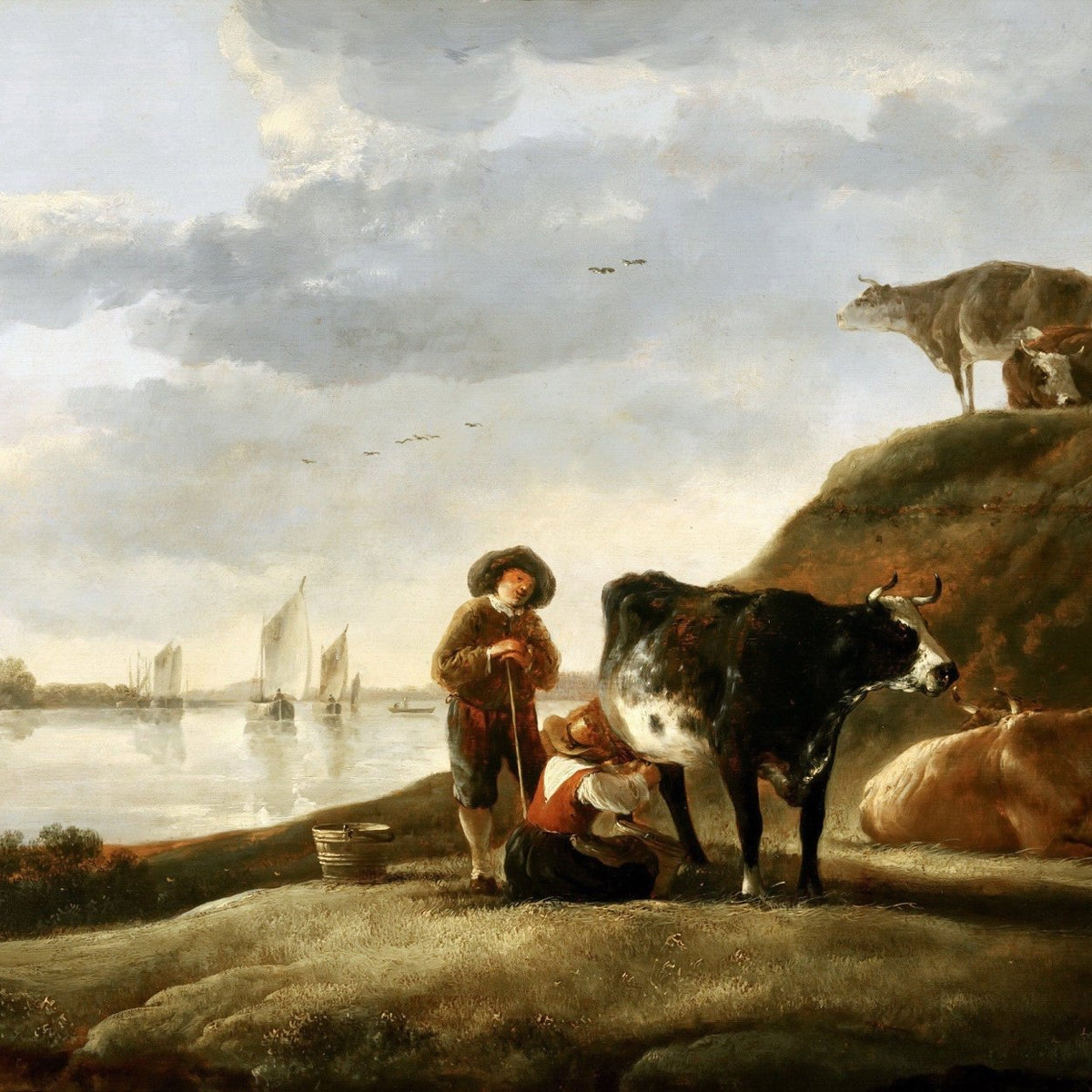 Animals Oil Painting - Hand - Painted Cattle by the Riverside - Oil Painting Haven