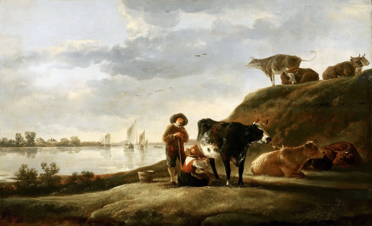 Animals Oil Painting - Hand - Painted Cattle by the Riverside - Oil Painting Haven