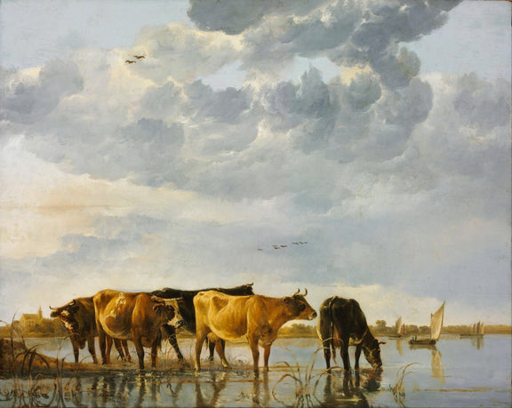 animals Oil Painting - Hand - Painted Cattle by the Water Landscape - Oil Painting Haven