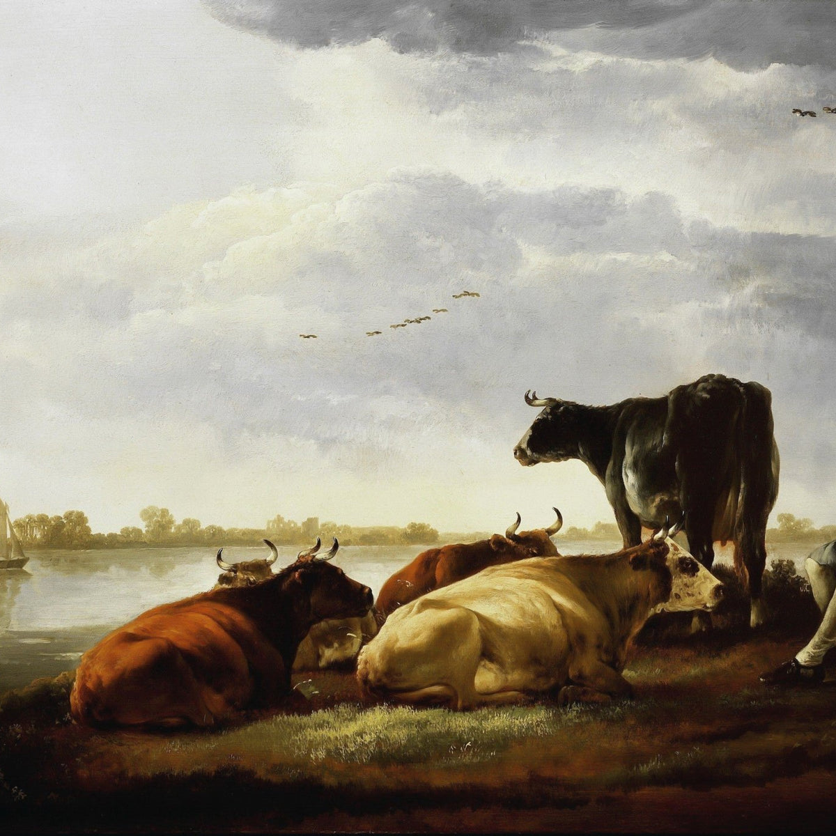 animals Oil Painting - Hand - Painted Cattle by the Water - Oil Painting Haven