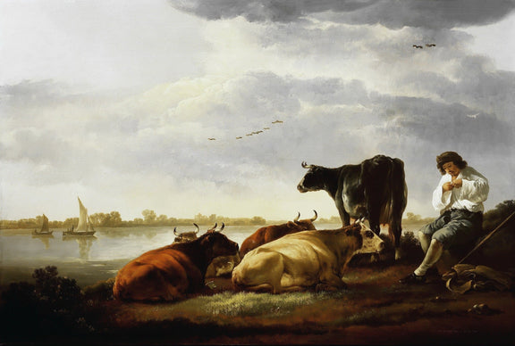 animals Oil Painting - Hand - Painted Cattle by the Water - Oil Painting Haven