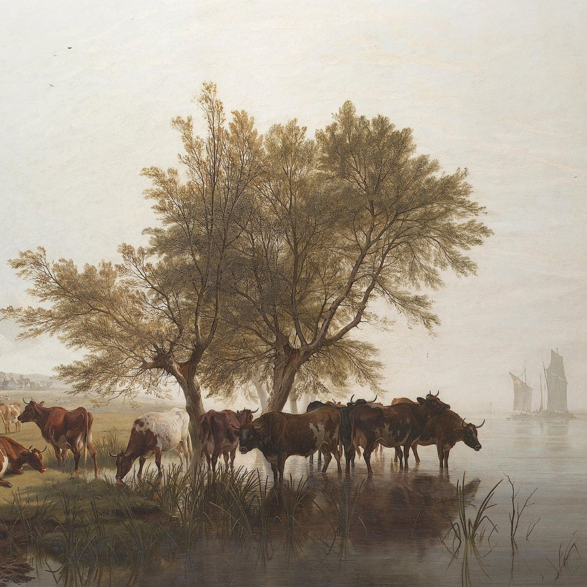 animals Oil Painting - Hand - Painted Cattle by the Waterside - Oil Painting Haven