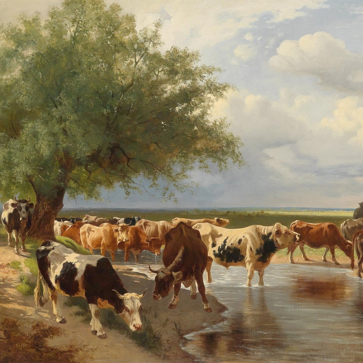 Animals Oil Painting - Hand - Painted Cattle Crossing Water - Oil Painting Haven