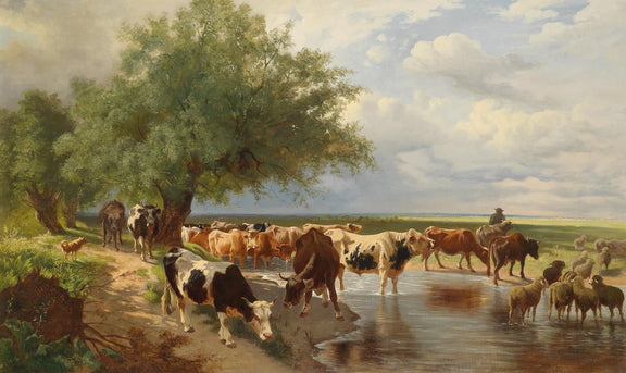 Animals Oil Painting - Hand - Painted Cattle Crossing Water - Oil Painting Haven