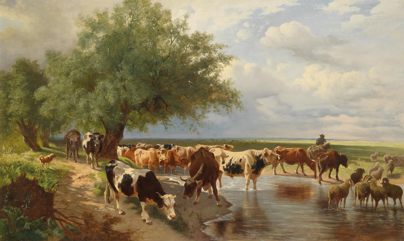 Animals Oil Painting - Hand - Painted Cattle Crossing Water - Oil Painting Haven
