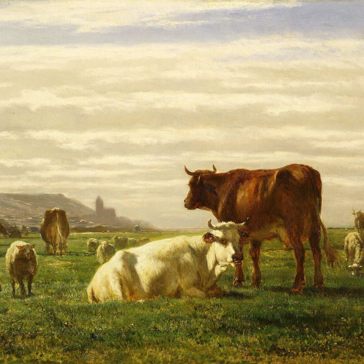 animals Oil Painting - Hand - Painted Cattle in Green Pasture - Oil Painting Haven