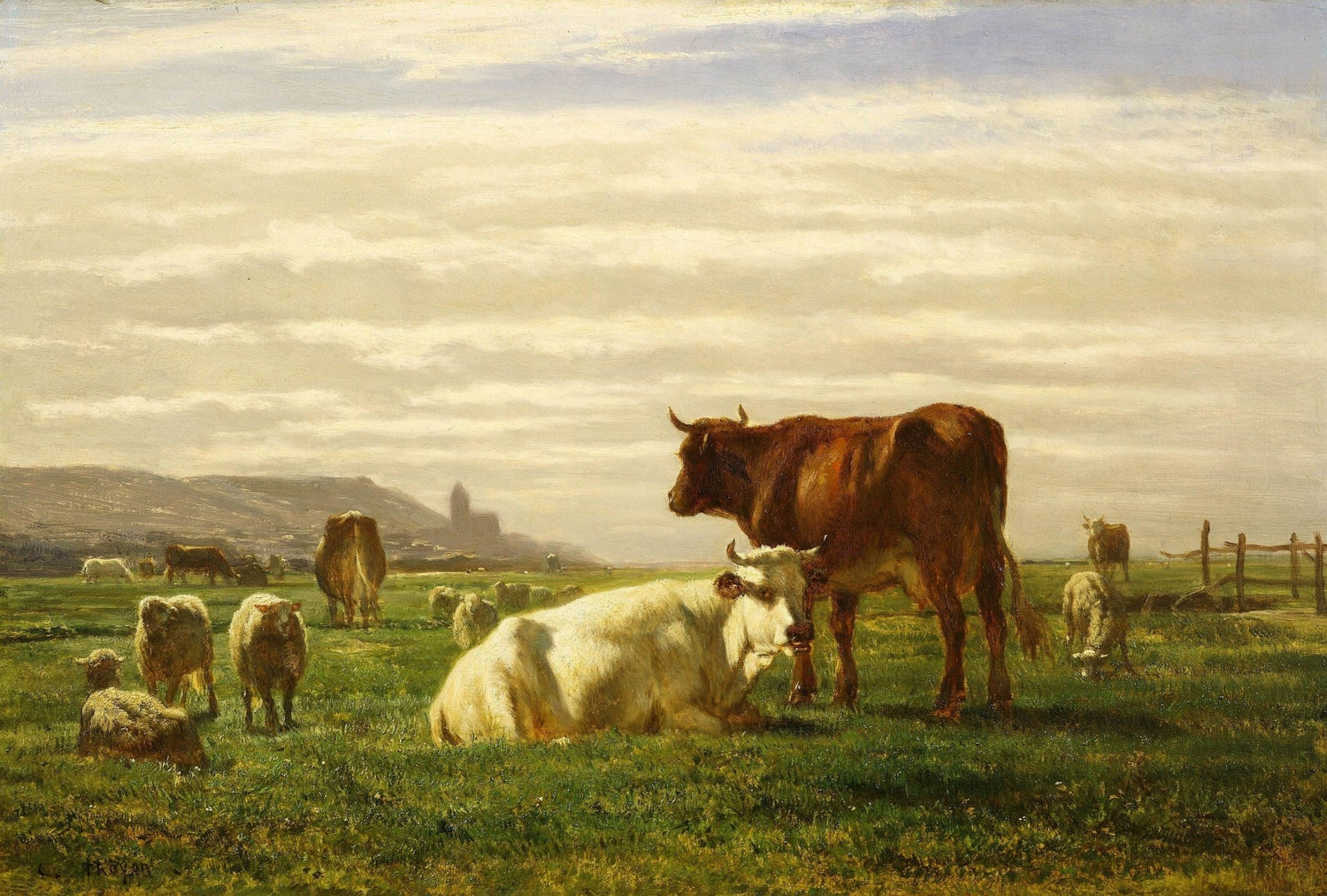 animals Oil Painting - Hand - Painted Cattle in Green Pasture - Oil Painting Haven